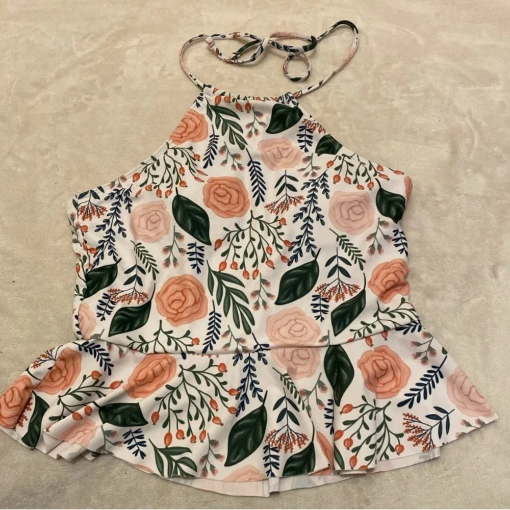 SHEIN Floral Halter Bikini Top in Pink and Green